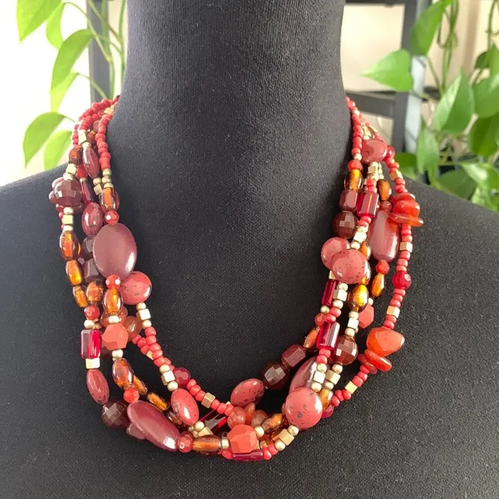 Lia Sophia Signed Coral Multi Strand Chunky Beaded Boho Roper Costume Necklace